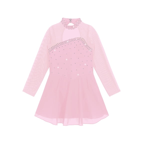 Hansber Figure Ice Skating Dress for Girls Rhinestone Mesh Long Sleeve Ballet Tutu Leotard Dress for Competitions Pink 6