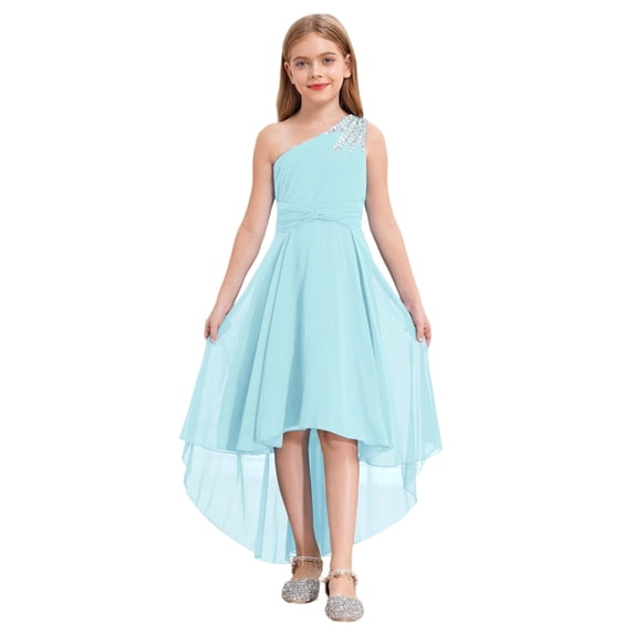 Hansber Flower Girls Beaded Ruched Pageant Dress Junior Bridesmaid Gown One Shoulder High Low Gowns Light Blue 8