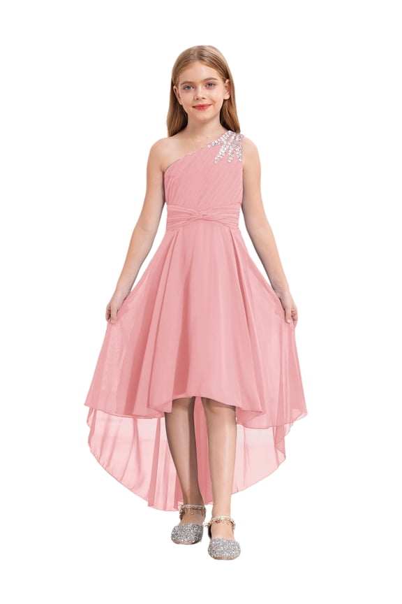 Flower Girls Beaded Ruched Pageant Dress Junior Bridesmaid Gown One Shoulder High Low Gowns Pink 6
