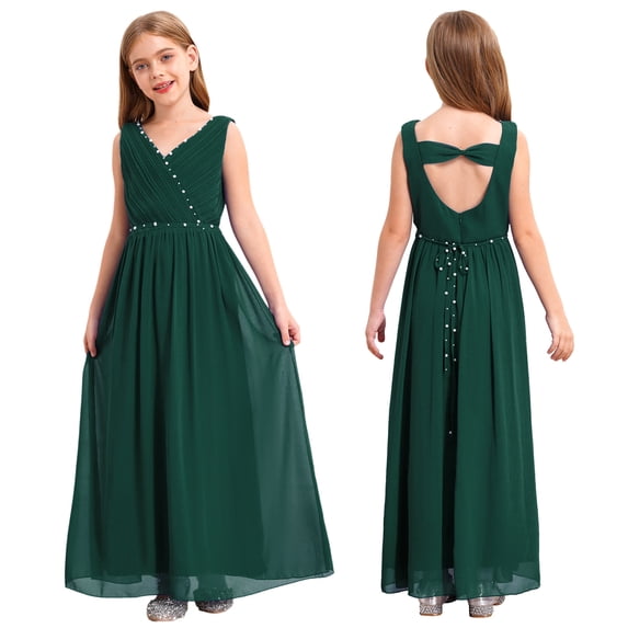 Hansber Flower Girls Dress Cutout Back Chiffon Beaded Wedding Bridesmaid Birthday Princess Pageant Formal Party Gowns Army Green 10