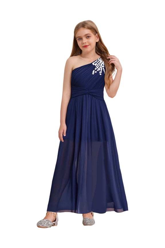 Flower Girls Dress One Shoulder Beaded Chiffon Princess Pageant Gowns Formal Party Wedding Bridesmaid Dress Navy Blue 16