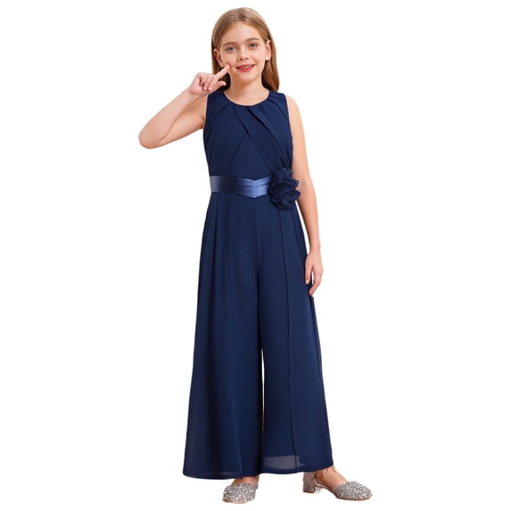 Hansber Flower Girls Wide Leg Jumpsuits Sleeveless Ruched Chiffon Skirt Pants Suit One Piece Pageant Party Gown Navy Blue 14