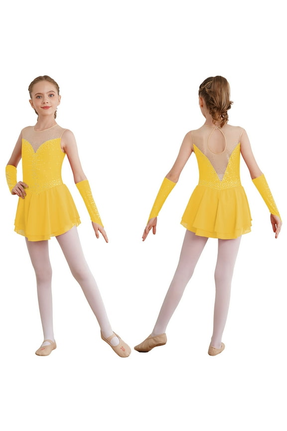 Girl Figure Skating Ballet Dance Dress Mesh Sleeveless Rhythmic Gymnastics Leotard with Gloves Set Yellow 6