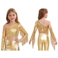 thumbnail image 1 of Hansber Girl's Jazz Hip Hop Dance Crop Top Long Sleeve Tassels Cold Shoulder Sequin Blouse Fringe Shirts Gold 12, 1 of 7
