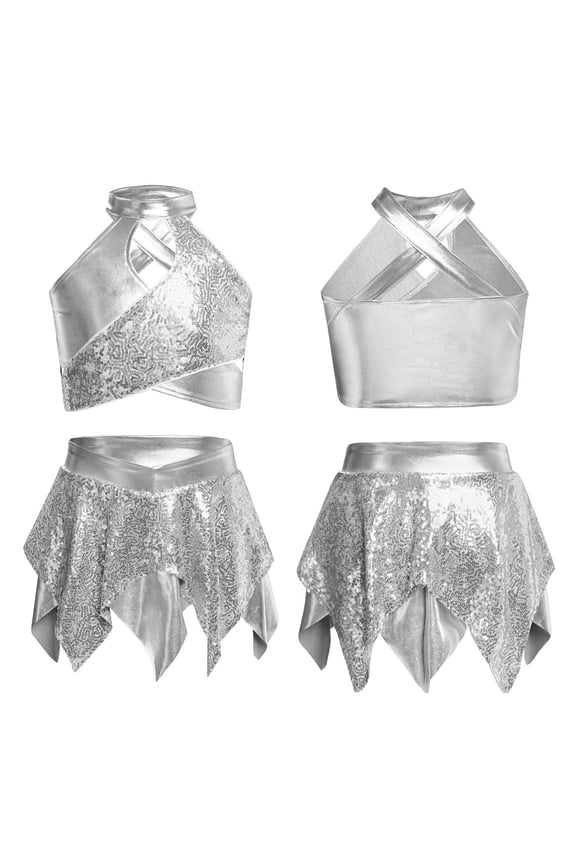 Girls 2 Piece Jazz Latin Dance Outfits Sequins Sleeveless Crop Tops with Skirt Set Ballroom Dancewear Silver 12