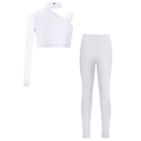 Hansber Girls 2-Pieces Gymnastics Outfits Dance Unitards Rhinestones Athletic Crop Top with Leggings Pants Set White 14