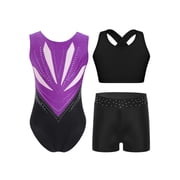 Hansber Girls 3 Pieces Gymnastics Set Rhinestones Ballet Dance Unitard Athletic Crop Tops with Shorts Dancewear Purple 12