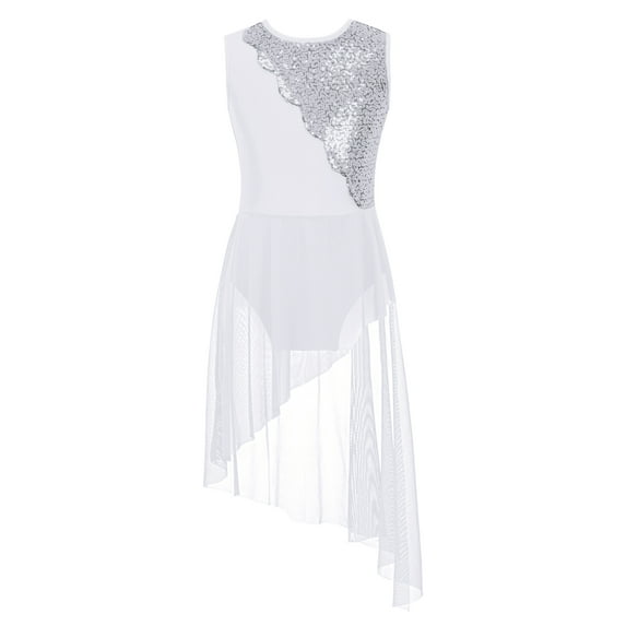 Hansber Girls Ballet Lyrical Dance Dress Shiny Sleeveless Cutout Back Leotard with High Low Skirt White 6