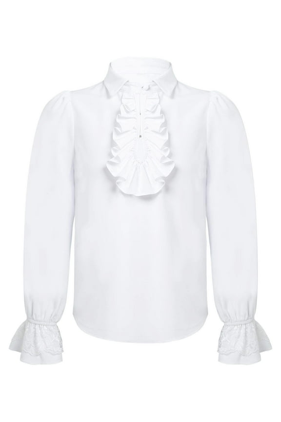 Girls Boys Button-Down Shirt Lace Ruffle Cuffs Shirt Top Vintage Renaissance Medieval Vampire White 6