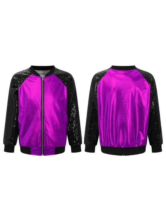 Girls Boys Sequin Color Block Jackets Bomber Kids Glitter Long Sleeve Flight Jacket Zip Up Purple 16