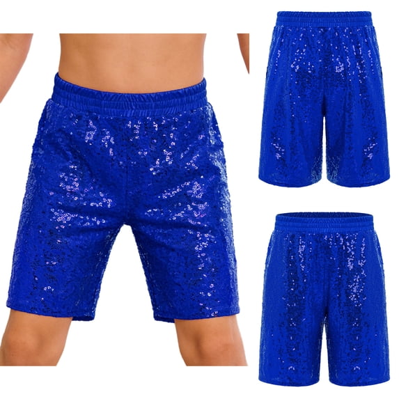 Hansber Girls Boys Sequin Shorts Jazz Hip Hop Dance Tumbling Bottoms Cheer Performance Dancewear Blue 16