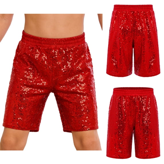 Hansber Girls Boys Sequin Shorts Jazz Hip Hop Dance Tumbling Bottoms Cheer Performance Dancewear Red 8