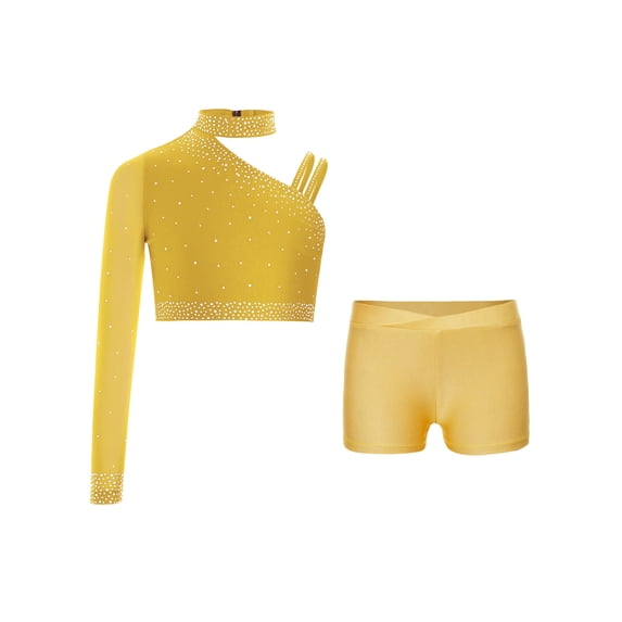 Hansber Girls Cheerleading Crop Top with Athletic Shorts Set 2-Piece Kids Tumbling Outfit Dance Wear Yellow 6
