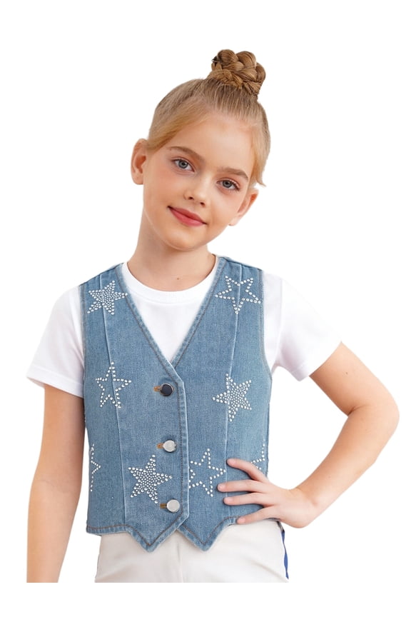 Girls Denim Jacket Sleeveless V-neck Rhinestone Stars Jean Waistcoat Cowgirl Vest Cowboy Outerwear Gilet Light Blue 6
