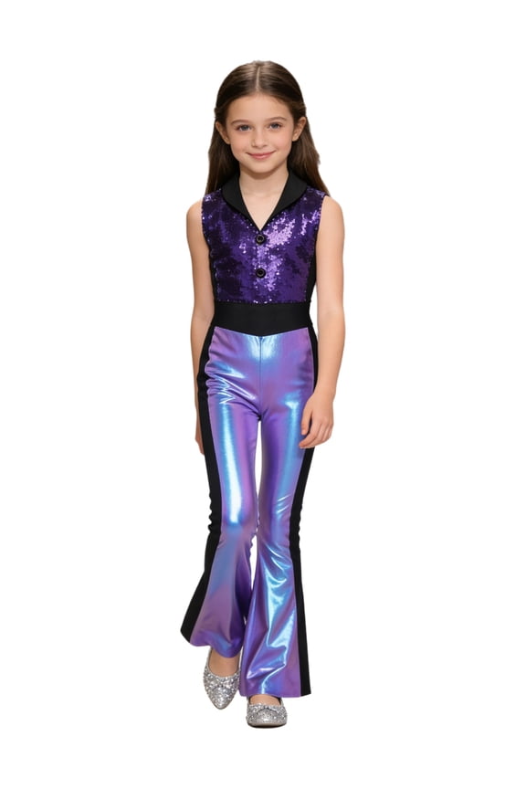 Girls Disco Outfits Kids 70s Party Dress Up Bell Bottom Jumpsuit Sleeveless Sequins Dancing Romper Blue 6