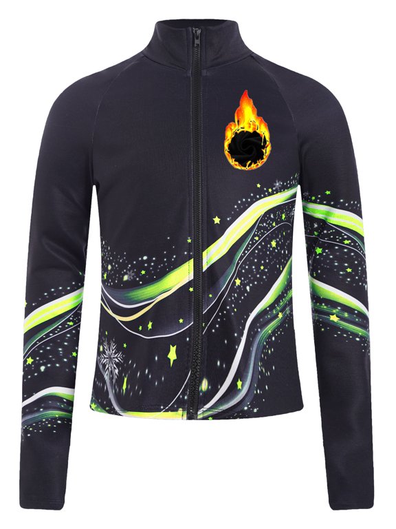 Girls Figure Skating Training Jackets Long Sleeve Zip Up Fleece Lined Coat Slim Fit Sweatshirts Fluorescent Yellow 6