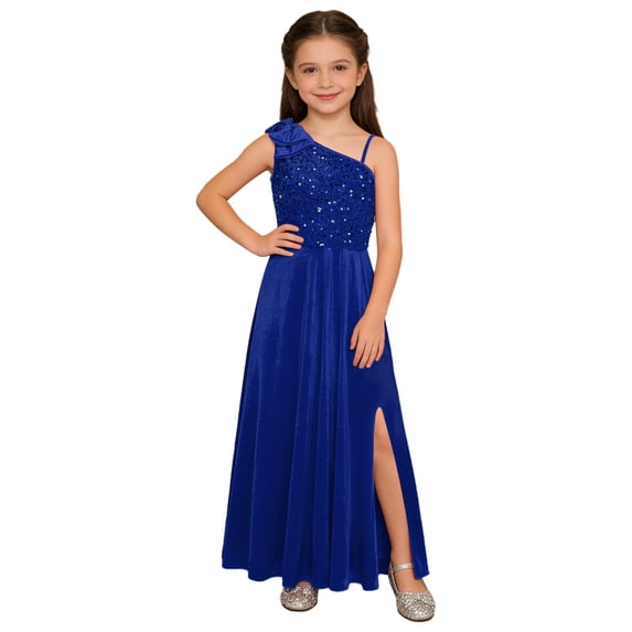 Hansber Girls Formal Dress One Shoulder Bow Sequin Slit Hem Birthday Party Dress Prom Pageant Ball Gowns Royal Blue 16