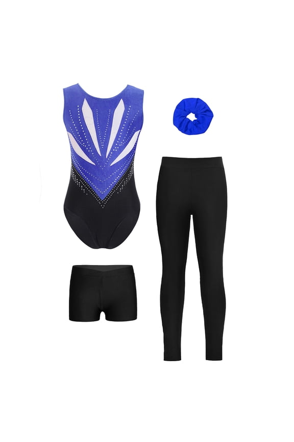 Girls Gymnastics Dance Outfits Rhinestone Leotards with Athletic Shorts Leggings And Blue&Black 10