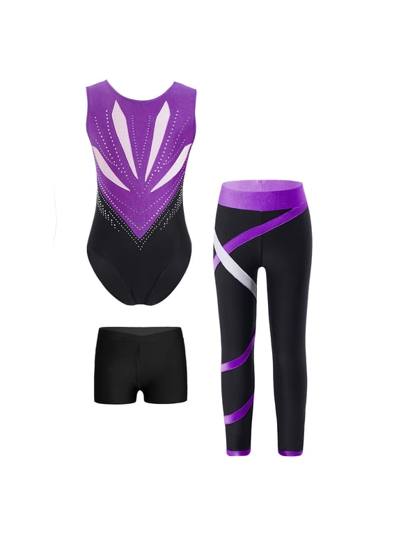 Girls Gymnastics Dance Outfits Rhinestone Leotards with Athletic Shorts Leggings And Purple&Black 8