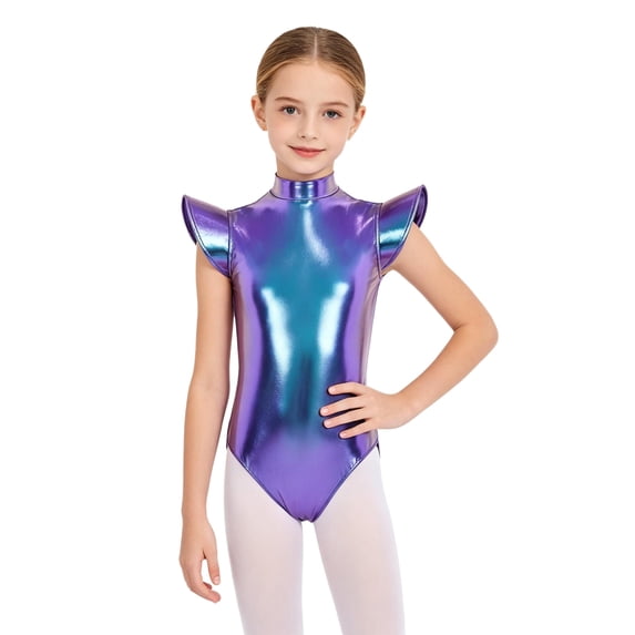 Hansber Girls Gymnastics Leotard Metallic Shiny Flying Sleeve Mock Neck Dance Bodysuit One Piece Tumbling Outfit Blue 8