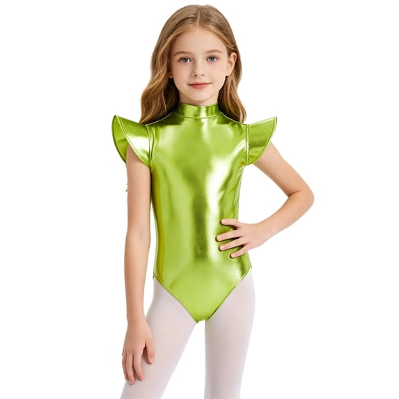 Hansber Girls Gymnastics Leotard Metallic Shiny Flying Sleeve Mock Neck Dance Bodysuit One Piece Tumbling Outfit Fluorescent Green 8