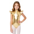 thumbnail image 1 of Hansber Girls Gymnastics Leotard Metallic Shiny Flying Sleeve Mock Neck Dance Bodysuit One Piece Tumbling Outfit Gold 14, 1 of 7