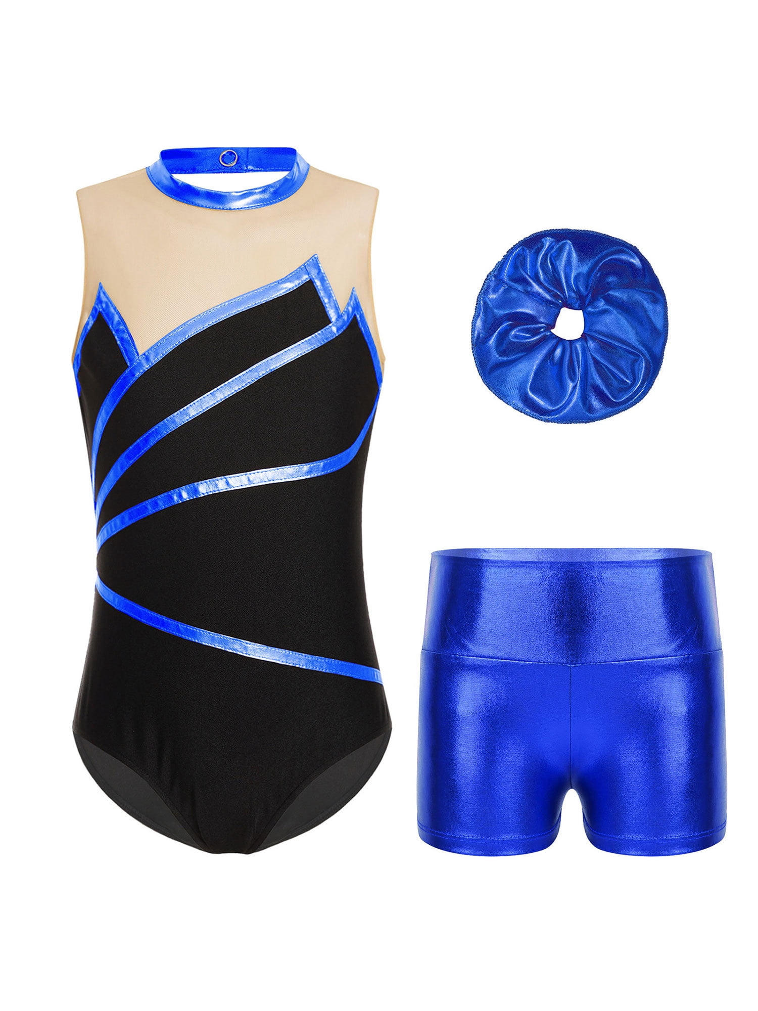 Hansber Girls' 2-Piece Dance Outfit - Sleeveless Rhinestone Leotard & Shorts For Gymnastics & Athletic Wear