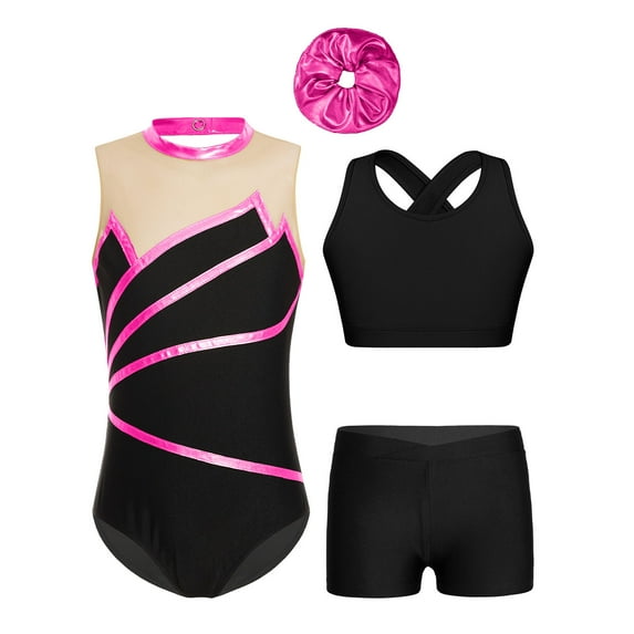 Hansber Girls Gymnastics Suit Sleeveless Ballet Leotards + Crop Top with Shorts Dance Suit Dancewear Hot Pink 6