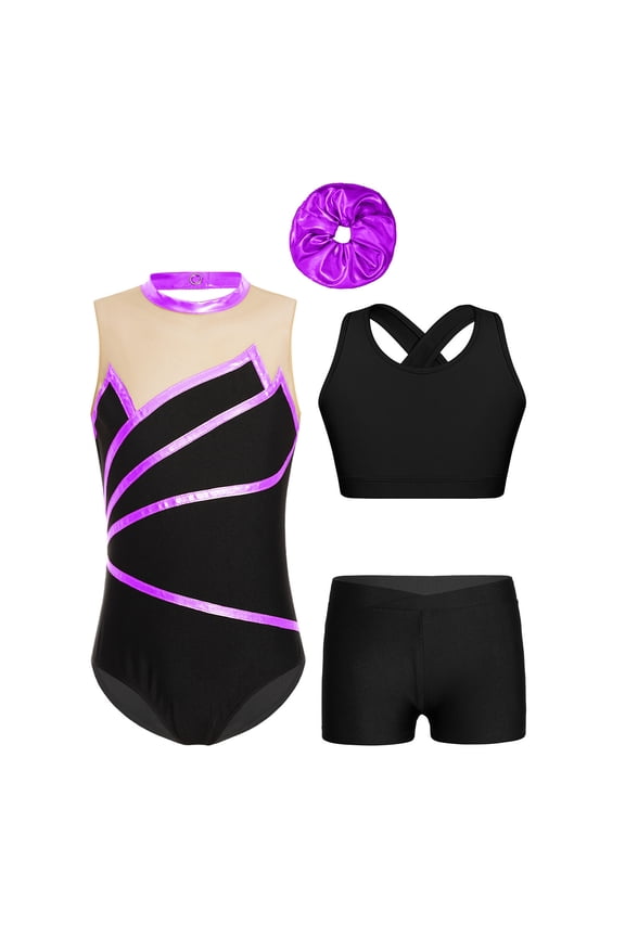 Girls Gymnastics Suit Sleeveless Ballet Leotards + Crop Top with Shorts Dance Suit Dancewear Purple 4