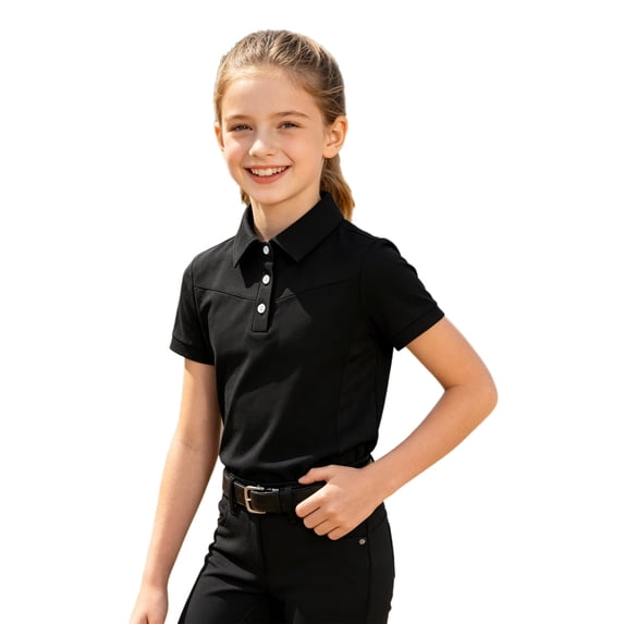 Hansber Girls Horse Riding Shirts Equestrian Short Sleeve T-Shirt Turndown Collar Horseback Show Shirt Black 16