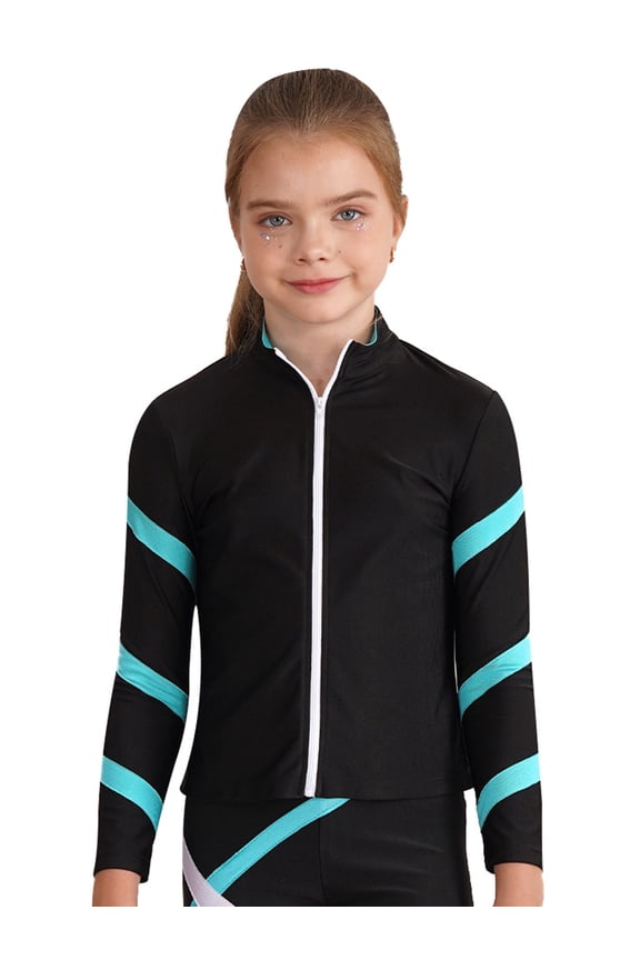 Girls Ice Skating Costume Dance Jacket Kids Sports Zip Up Coat Long Sleeve Yoga Pullover Tops Blue Green 14