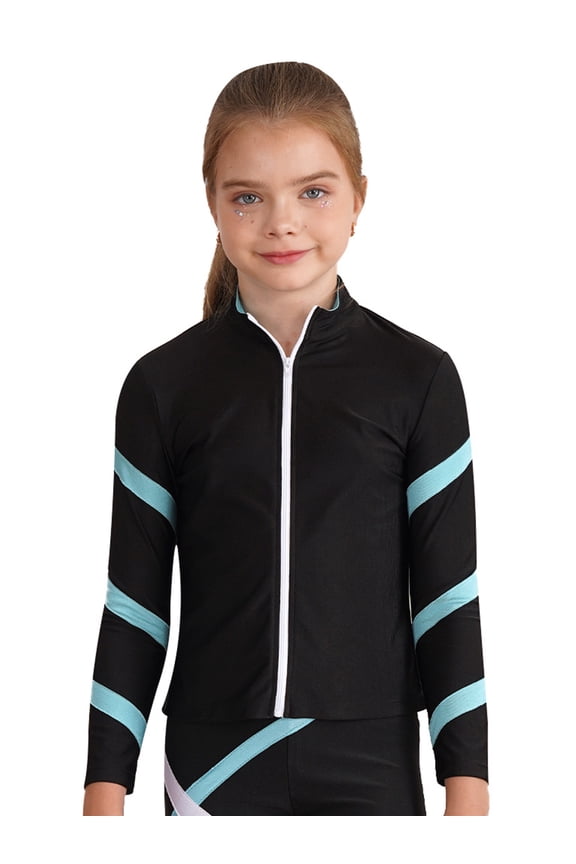 Girls Ice Skating Costume Dance Jacket Kids Sports Zip Up Coat Long Sleeve Yoga Pullover Tops Light Blue 10