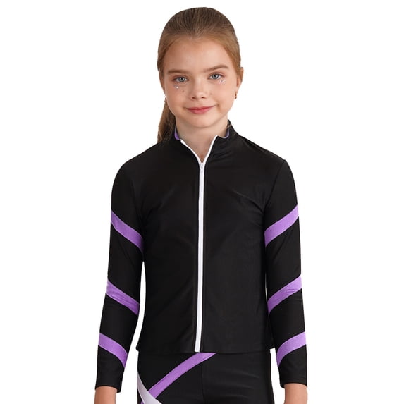 Hansber Girls Ice Skating Costume Dance Jacket Kids Sports Zip Up Coat Long Sleeve Yoga Pullover Tops Light Purple 10