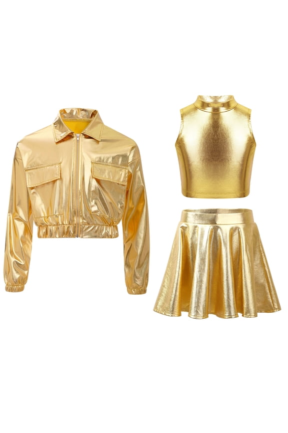 Girls Jazz Hip Hop Dance Outfit 3-Piece Long Sleeve Bomber Jacket Shiny Metallic Vest with Skirt Set Gold 6
