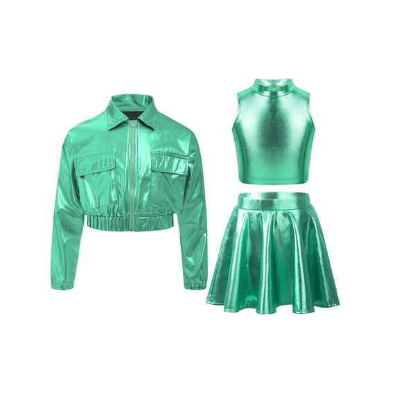 Hansber Girls Jazz Hip Hop Dance Outfit 3-Piece Long Sleeve Bomber Jacket Shiny Metallic Vest with Skirt Set Light Green 6