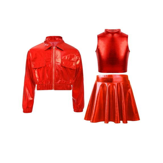Hansber Girls Jazz Hip Hop Dance Outfit 3-Piece Long Sleeve Bomber Jacket Shiny Metallic Vest with Skirt Set Red 14