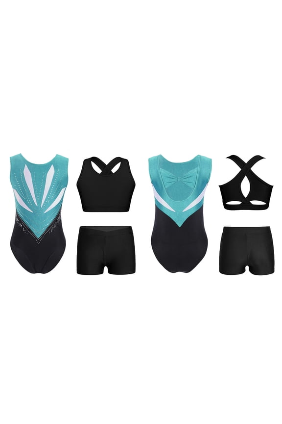 Girls Kids Gymnastics Outfits Sleeveless Crop Top Ballet Leotard with Shorts Set for Dance Class Blue Green Black 6
