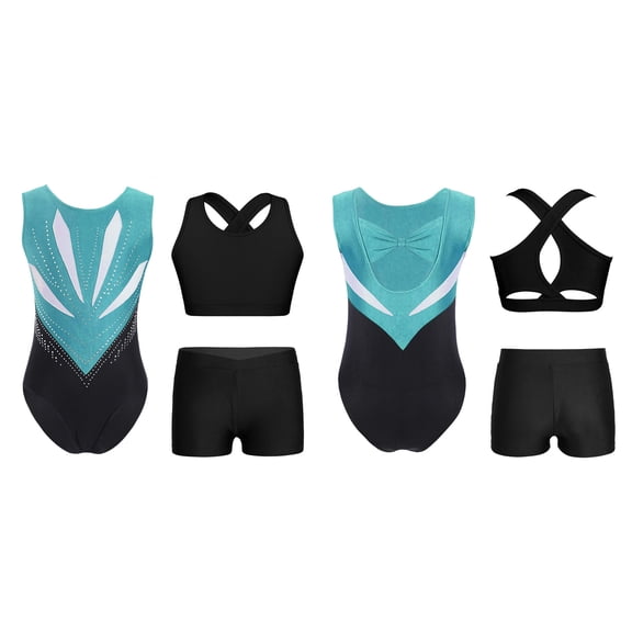 Hansber Girls Kids Gymnastics Outfits Sleeveless Crop Top Ballet Leotard with Shorts Set for Dance Class Blue Green Black 8
