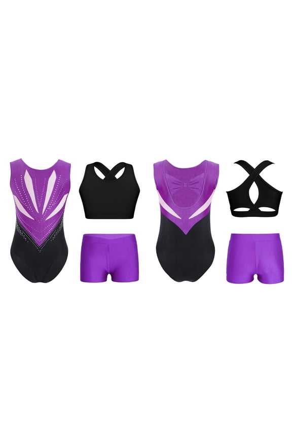 Girls Kids Gymnastics Outfits Sleeveless Crop Top Ballet Leotard with Shorts Set for Dance Class Purple 8