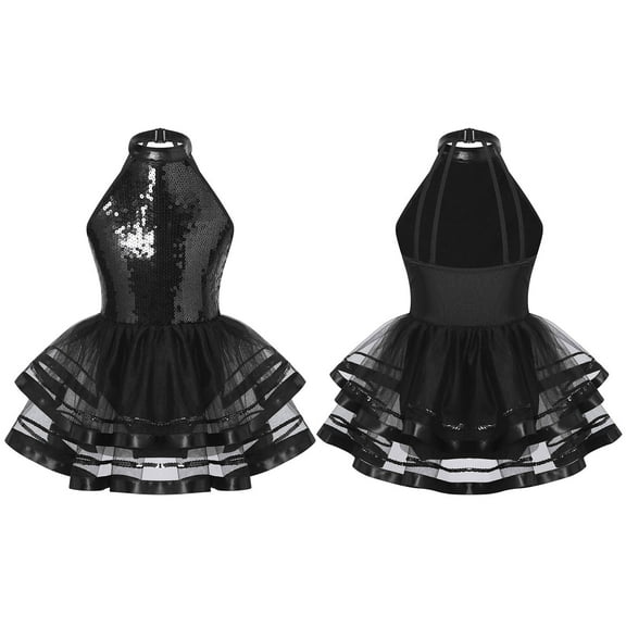 Hansber Girls Kids Sequins Halter Neck Ballet Dance Leotard Layer Tutu Dress Ballerina Princess Black 12