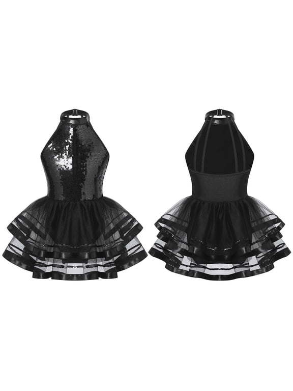 Girls Kids Sequins Halter Neck Ballet Dance Leotard Layer Tutu Dress Ballerina Princess Black 8