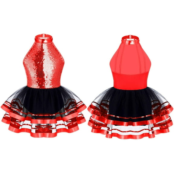 Hansber Girls Kids Sequins Halter Neck Ballet Dance Leotard Layer Tutu Dress Ballerina Princess Red 4