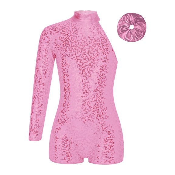 Hansber Girls Latin Jazz Dance Unitard Sequins Single Long Sleeve Gymnastic Leotard Athletic Biketard with Hairband Pink 8