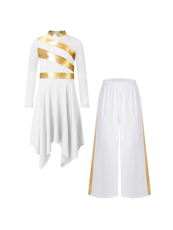 Girls Liturgical Praise Dance Dress with Wide Leg Pants Worship Gowns Tunic Praisewear Prayer Clothes White 6