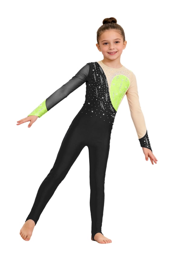 Girls Long Sleeve Color Block Ballet Dance Leotard Stirrup Rhinestones Gymnastics Unitard Black 6