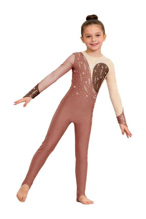 Girls Long Sleeve Color Block Ballet Dance Leotard Stirrup Rhinestones Gymnastics Unitard Dusty Pink 6