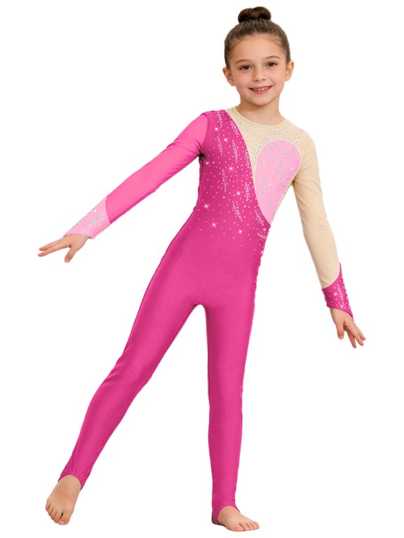 Girls Long Sleeve Color Block Ballet Dance Leotard Stirrup Rhinestones Gymnastics Unitard Rose Pink 16