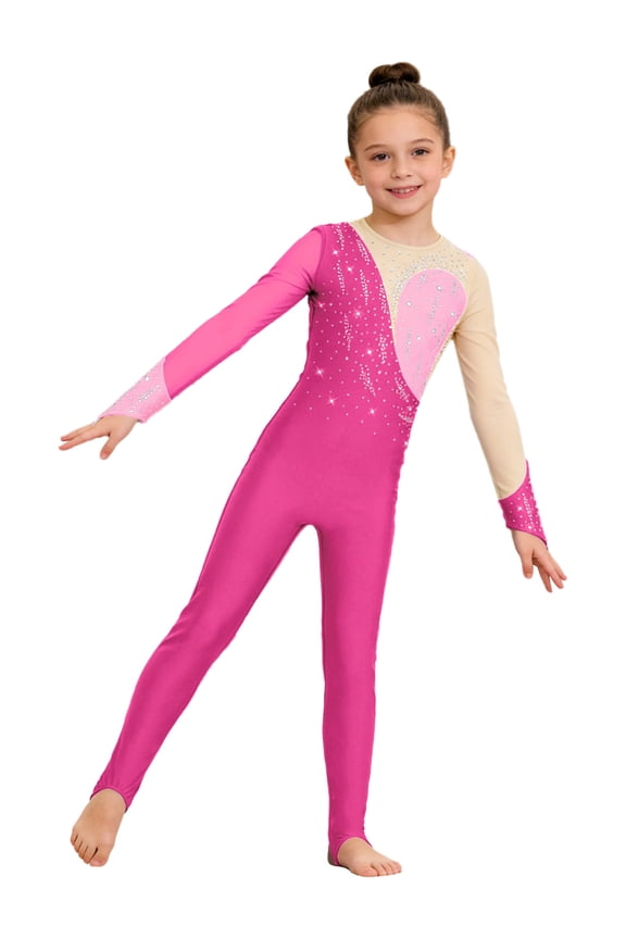 Girls Long Sleeve Color Block Ballet Dance Leotard Stirrup Rhinestones Gymnastics Unitard Rose Pink 6