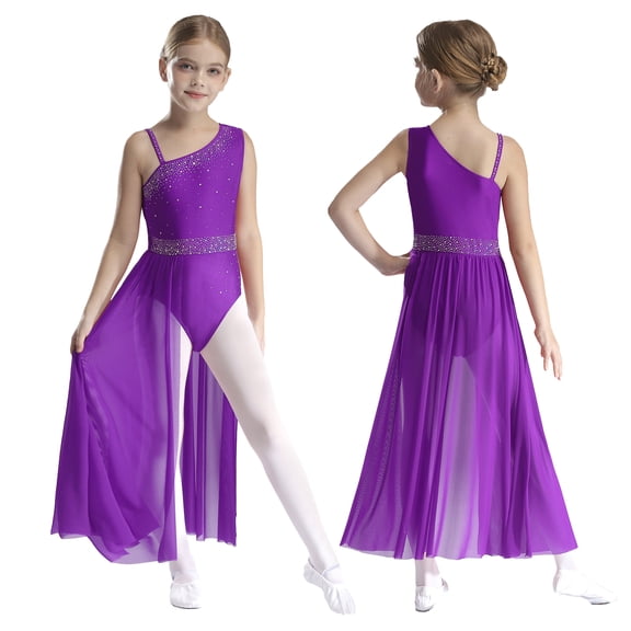 Hansber Girls Lyrical Dance Dress Modern Contemporary Glitter Rhinestone Chiffon Maxi Skirt Leotard Dancewear Purple 14