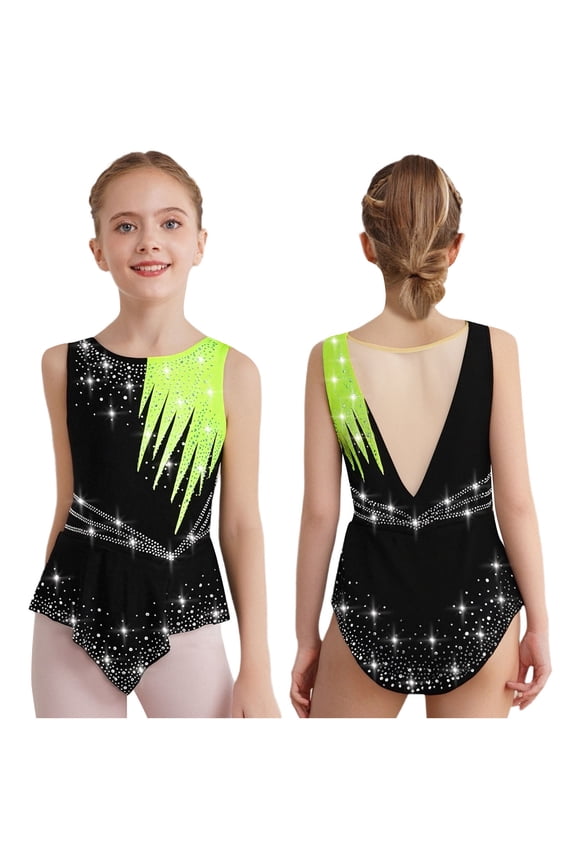 Girls One Piece Ballet Dance Leotard Tumbling Outfit Rhythmic Skirted Bodysuit Jazz Latin Dance Dress Fluorescent Yellow 6